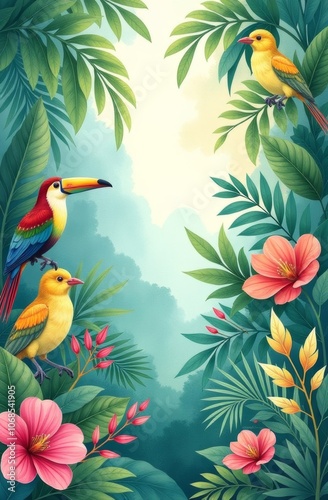 Exotic birds against a tropical background with soft lines and delicate shades. T-shirt print, wallpaper, screensaver, background.