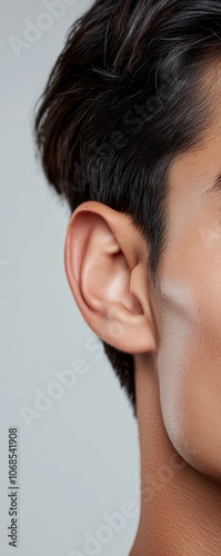 Male ears with smooth, healthy skin, subtle lighting and clear background, space for text, Ears, Men s skincare photo