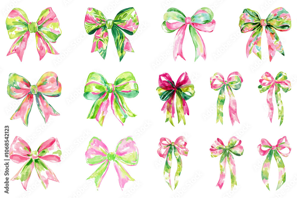 PNG watercolor ribbon bow element set, transparent background PNG watercolor ribbon bow element set, transparent background