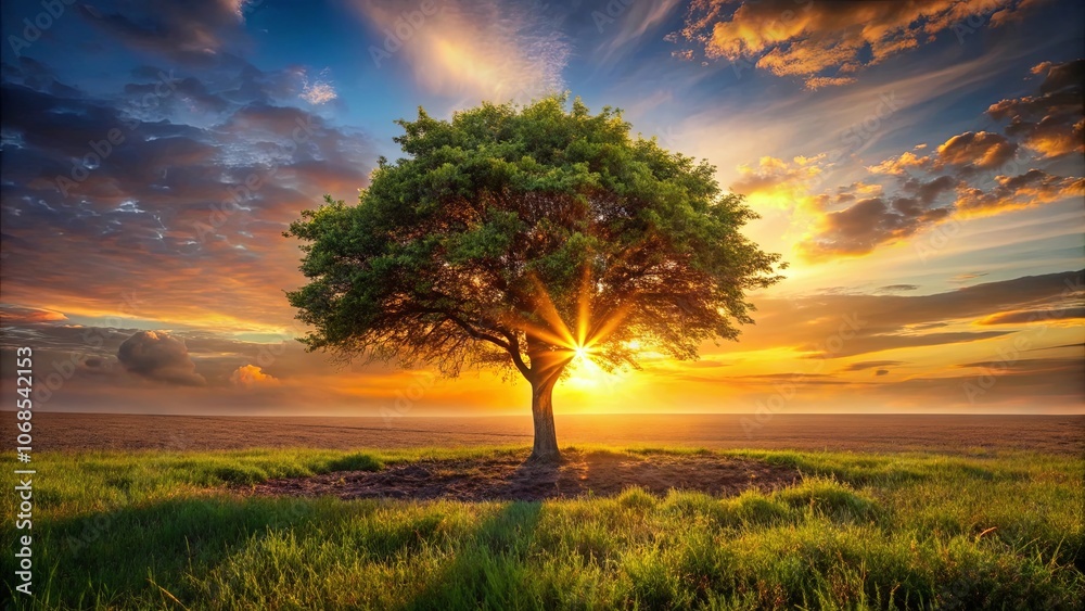 A solitary tree, bathed in the golden glow of a setting sun, casts a long shadow across a field of vibrant green grass, creating a picturesque silhouette against the backdrop of a dramatic sky A solitary tree, bathed in the golden glow of a setting sun, casts a long shadow across a field of vibrant green grass, creating a picturesque silhouette against the backdrop of a dramatic sky
