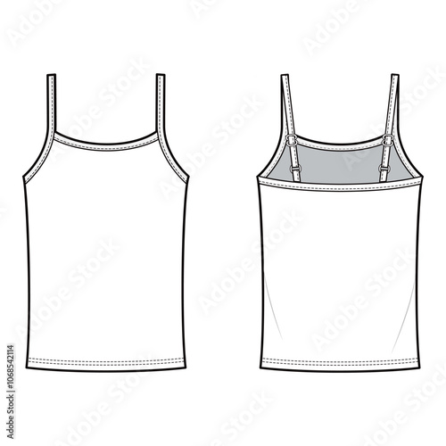 Women's Camisole with Adjustable Straps, Flat Sketch, Technical Drawing


