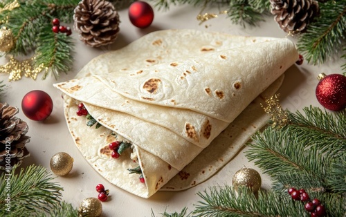 Holiday Tortilla Wrapper Mockup A blank tortilla wrapper with Christmas decorations like pinecones and ornaments  photo