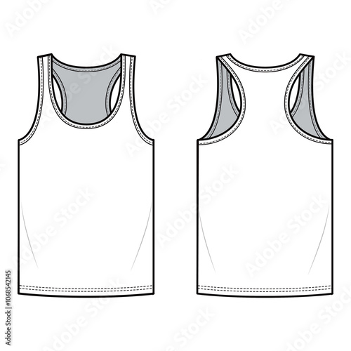 White racerback tank top mockup, casual wear, unisex, sleeveless top, blank template, apparel design, fashion illustration, front and back view
