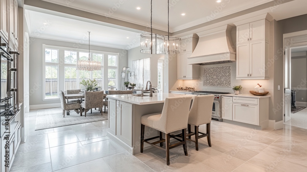 Fototapeta premium Modern Kitchen with Island, Barstools, and White Cabinets