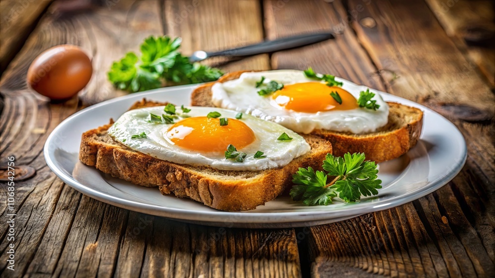 Sunny Side Up Eggs on Toasted Bread with Fresh Greens on a White Plate, Rustic Wooden Background Sunny Side Up Eggs on Toasted Bread with Fresh Greens on a White Plate, Rustic Wooden Background