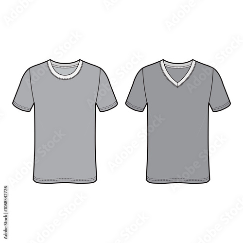 Men's Crew Neck and V-Neck T-shirts with Contrast Neckline, Flat Sketch, Technical Drawing

