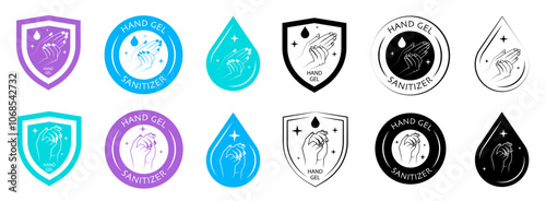 Hand gel sanitizer label, shield and hand logo
