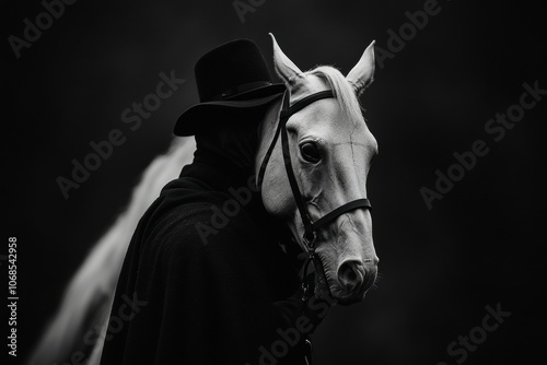 Mysterious Man on Horseback in Dark Forest photo