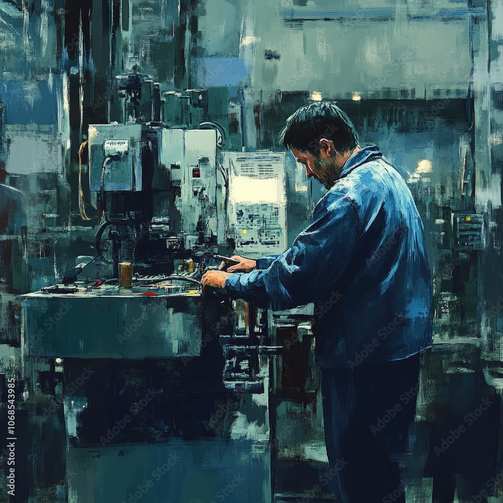 Worker Fixing Machinery in an Industrial Environment Worker Fixing Machinery in an Industrial Environment