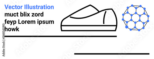 Shoe sketch with clean lines, abstract molecular structure with blue nodes. Ideal for fashion, footwear design, molecular science, modern graphics, abstract art, minimalistic design, creative landing