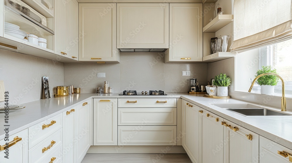 Fototapeta premium Modern White Kitchen with Gold Accents and a Window