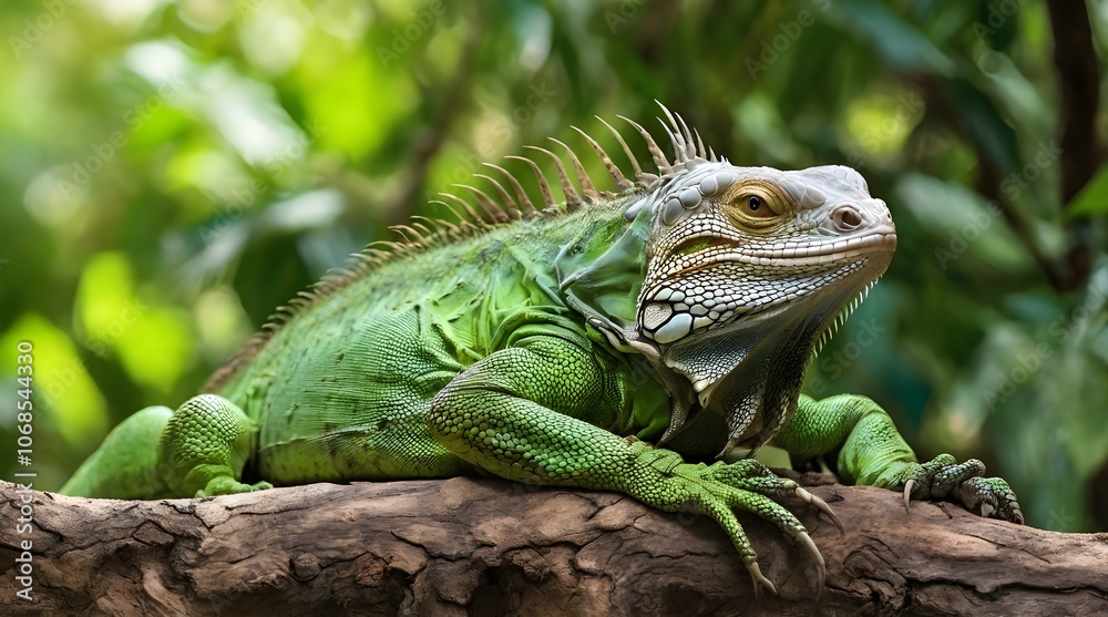 Common green iguana resting on a tree trunk in tropical.generative.ai
Common green iguana resting on a tree trunk in tropical.generative.ai