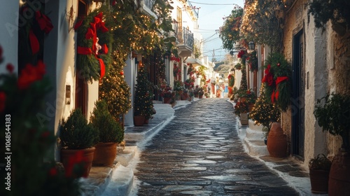 Cobblestone streets in a Greek village with holiday wreaths and decorations, celebrating December