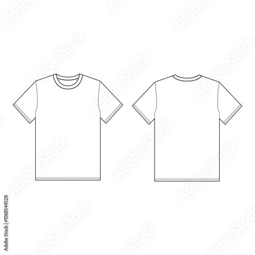 Men's Crew Neck T-shirt, Flat Sketch, Technical Drawing, Front and Back View

