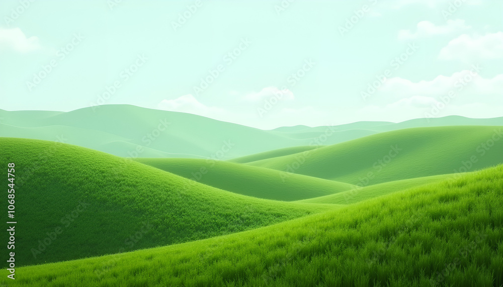 Soft green rolling hills under a light sky, tranquil landscape, nature serenity, minimalist design Soft green rolling hills under a light sky, tranquil landscape, nature serenity, minimalist design