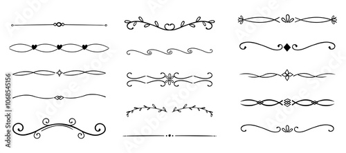 Swirl line divider, doodle decorative fancy ornament border, simple hand drawn frame. Retro curve set flourish thin decorations.