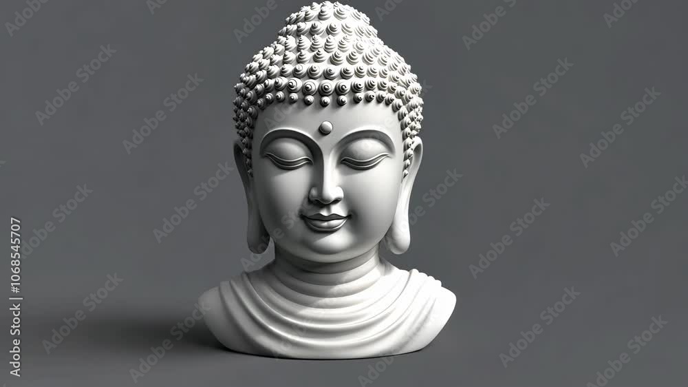 A white bust of Buddha sits on a gray background