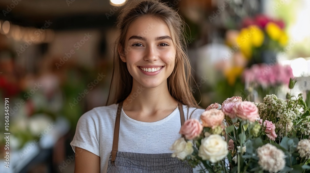 Smiling florist holding a bouquet of flowers in a flower shop. Smiling florist holding a bouquet of flowers in a flower shop.