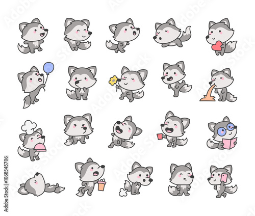 Cute kawaii cartoon wolf characters with different adorable poses expressions and moods for various occasions and celebrations
