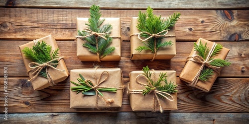 Rustic Simplicity Six Gifts Wrapped in Brown Paper and Adorned with Evergreen Sprigs, Tied with Natural Twine, Resting on a Weathered Wooden Surface