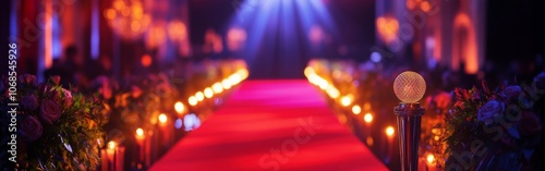 A beautifully arranged red carpet pathway adorned with vibrant flowers and flickering candles creates a captivating ambiance for an evening event