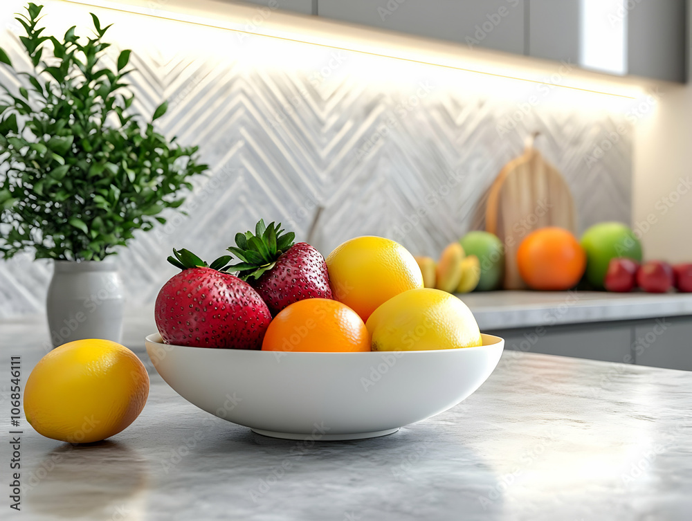 3D Illustration, Fresh Fruit Bowl in Modern Kitchen