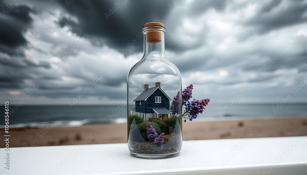 Beautiful Double Exposure Image Combining a Stormy Sea and a Cottage in a Bottle - Perfect for Artistic and Creative Projects Beautiful Double Exposure Image Combining a Stormy Sea and a Cottage in a Bottle - Perfect for Artistic and Creative Projects