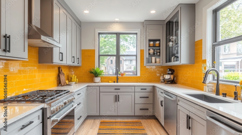 Fototapeta premium Modern Kitchen with Yellow Tile Backsplash and Stainless Steel Appliances