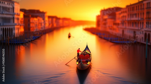 Gondolier Navigating Venetian Canal at Sunrise with Stunning Orange Glow