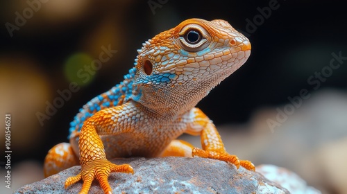 A close-up of a small, orange and blue lizard perched on a rock, with a blurred background.