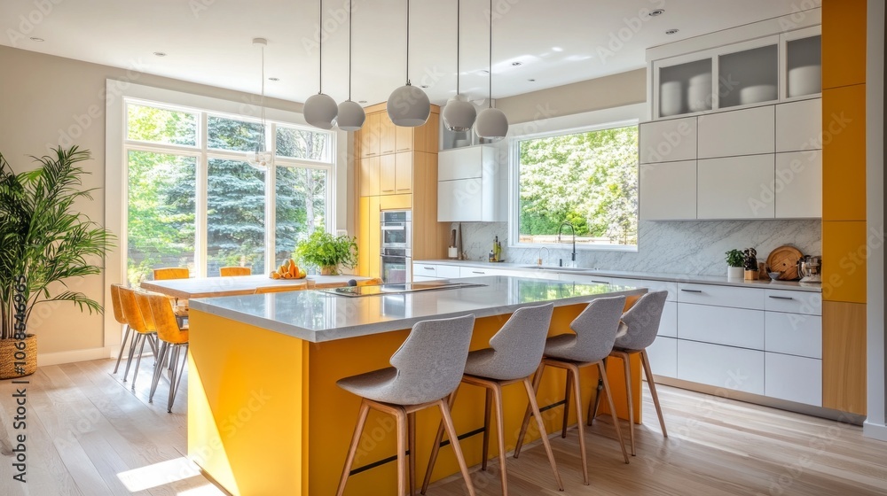 Modern Kitchen with Yellow Island and Grey Bar Stools