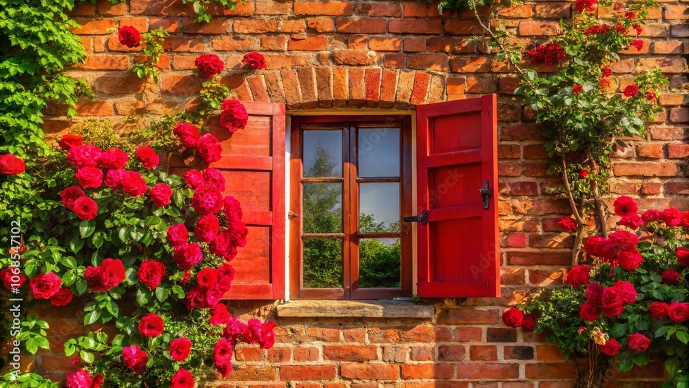 A brick wall adorned with vibrant crimson roses frames a window with red shutters, the open pane revealing a glimpse of verdant foliage beyond