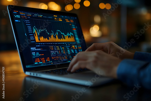 Photo Stock Market Analysis on Laptop at Night