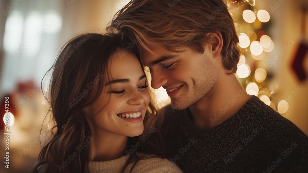 Naklejka premium Happy couple man and woman are standing in front of a Christmas tree. Winter holiday panorama banner