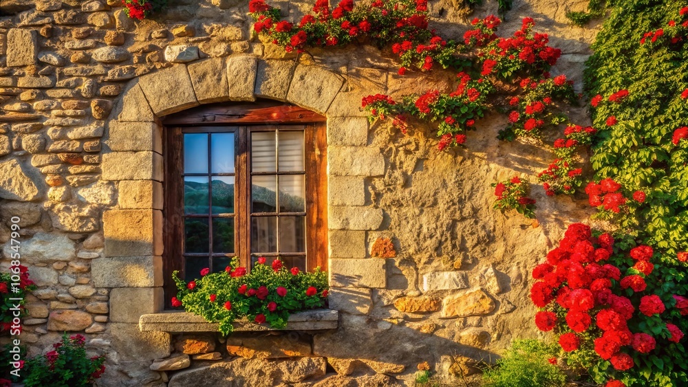 A sun-drenched stone wall adorned with vibrant red blooms, a charming window with a glimpse of the surrounding landscape A sun-drenched stone wall adorned with vibrant red blooms, a charming window with a glimpse of the surrounding landscape