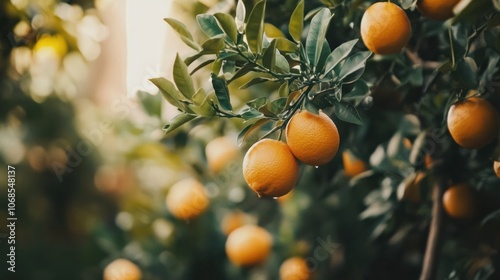 Orange trees with ripe fruit in a Mediterranean garden, capturing the seasonal December harvest