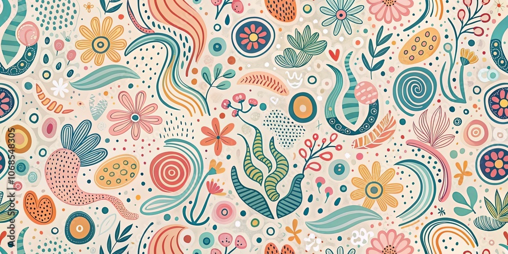 Naklejka premium Abstract Whimsical Floral Pattern with Organic Shapes and Curvy Lines