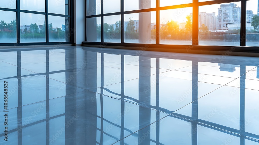 Fototapeta premium Brightly lit modern interior showcasing gleaming floors and large windows for natural light