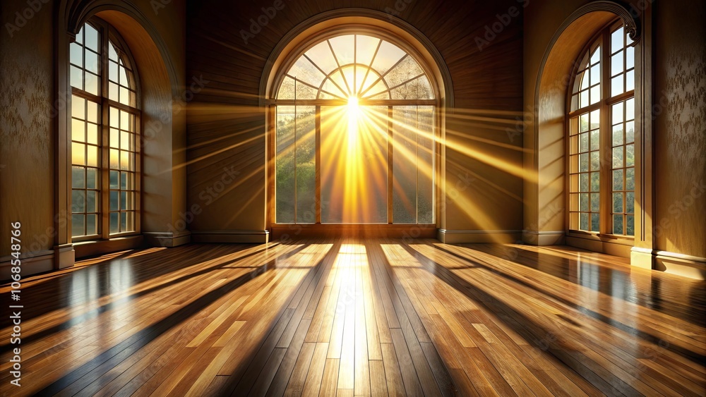 Fototapeta premium Golden Rays of Sunlight Stream Through Arching Windows in a Spacious Room with Hardwood Floors