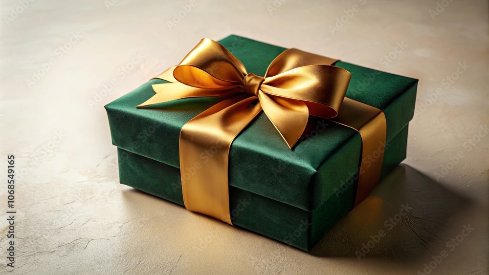 A luxuriously wrapped emerald green gift box with a golden satin bow, an elegant symbol of anticipation and joy. A luxuriously wrapped emerald green gift box with a golden satin bow, an elegant symbol of anticipation and joy.
