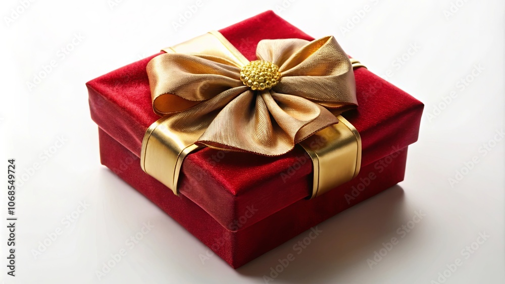 A Crimson Velvet Gift Box Adorned with a Golden Bow and Embellished with a Glittering Centerpiece A Crimson Velvet Gift Box Adorned with a Golden Bow and Embellished with a Glittering Centerpiece