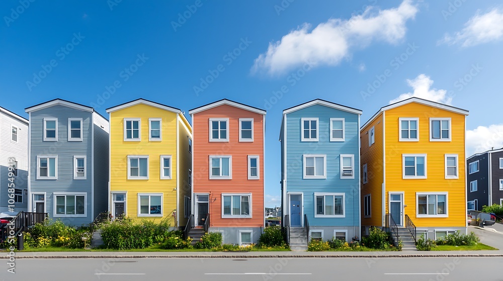 Obraz premium Vibrant row of colorful modern homes showcases unique architectural design and community charm