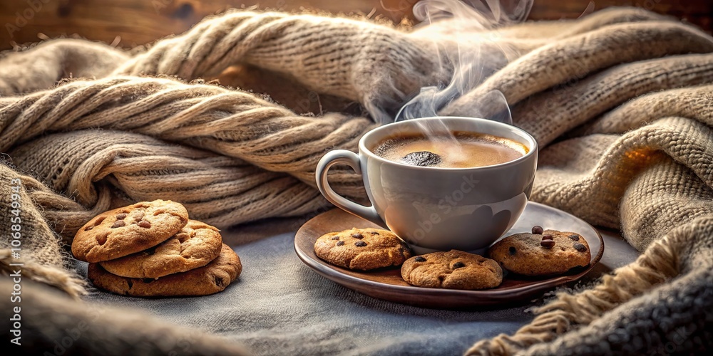 A Steaming Cup of Coffee, Cookies, and a Cozy Knit Blanket, a Perfect Comforting Scene A Steaming Cup of Coffee, Cookies, and a Cozy Knit Blanket, a Perfect Comforting Scene