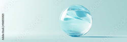 A sleek and shiny transparent sphere that reflects light beautifully, all set against a soft pastel background