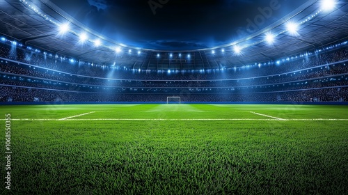 Illuminated stadium with green field, ideal for sports events.