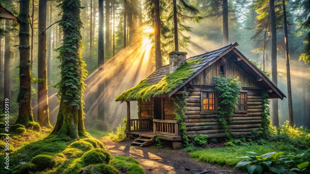 A moss-covered cabin nestled amongst towering trees, bathed in the golden glow of sunlight streaming through the canopy. A moss-covered cabin nestled amongst towering trees, bathed in the golden glow of sunlight streaming through the canopy.