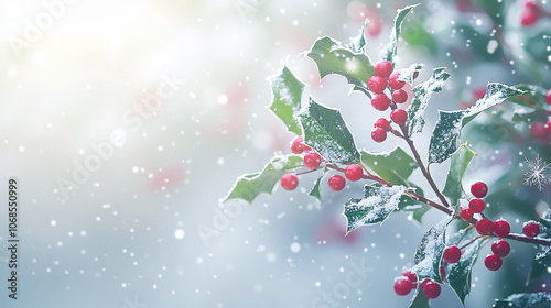 A holly bush with vibrant red berries stands against a snowy background, adding festive color and seasonal cheer to the winter landscape.