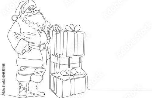 Outlined Cute Santa Claus Cartoon Character With A Sack Full Of Gifts. Vector Hand Drawn Illustration. One continuous line drawing Santa Claus on reindeer and sled. concept for Christmas and New Year