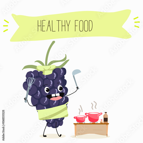 Cute  blackberry characters, funny fruits, berries, different activities. Flat vector illustration. Organic food, healthy food, illustrations for kids menu, invitations.