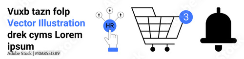 HR finger pointing at decision options, shopping cart with 3 items, and a bell icon. Ideal for HR tools, decision making, e-commerce, notifications, user alerts, online shopping, interface elements